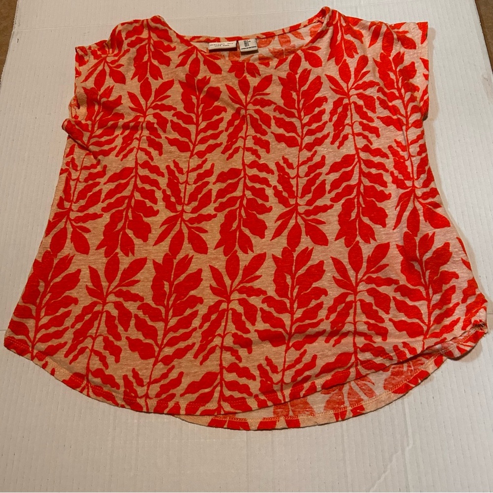 Rachel Zoe Orange Leaf Pattern Short Sleeve Top 100% Linen Sz:L
